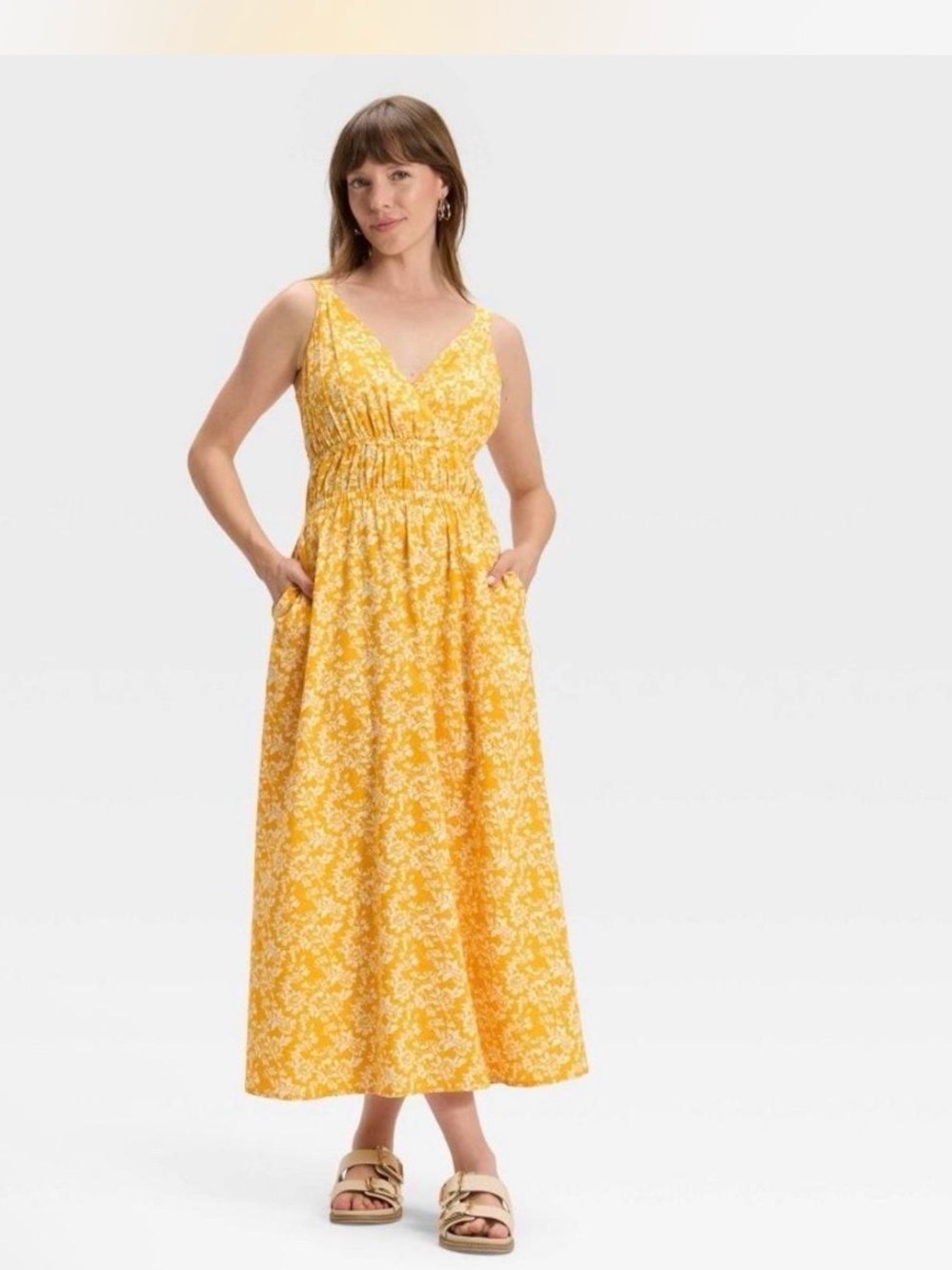 Universal Thread Yellow romantic Floral V-Neck Maxi Dress with Pockets vacation